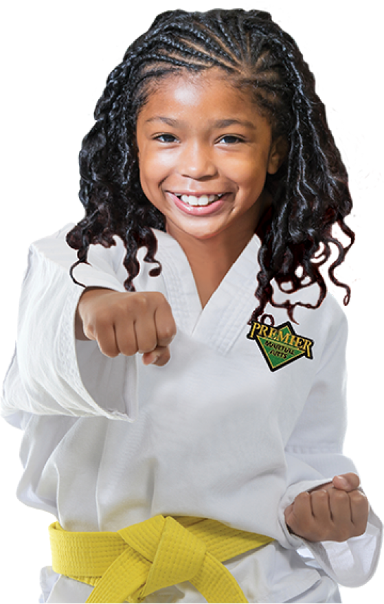 banner-premier-martial girl in premier martial arts uniform with yellow belt